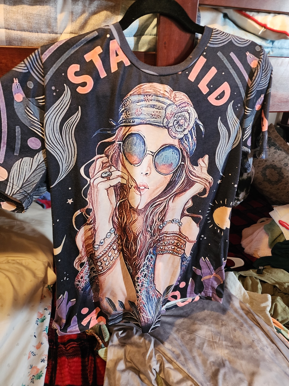Star Wild Boho Graphic Tee - Black with Pink & Purple Art
